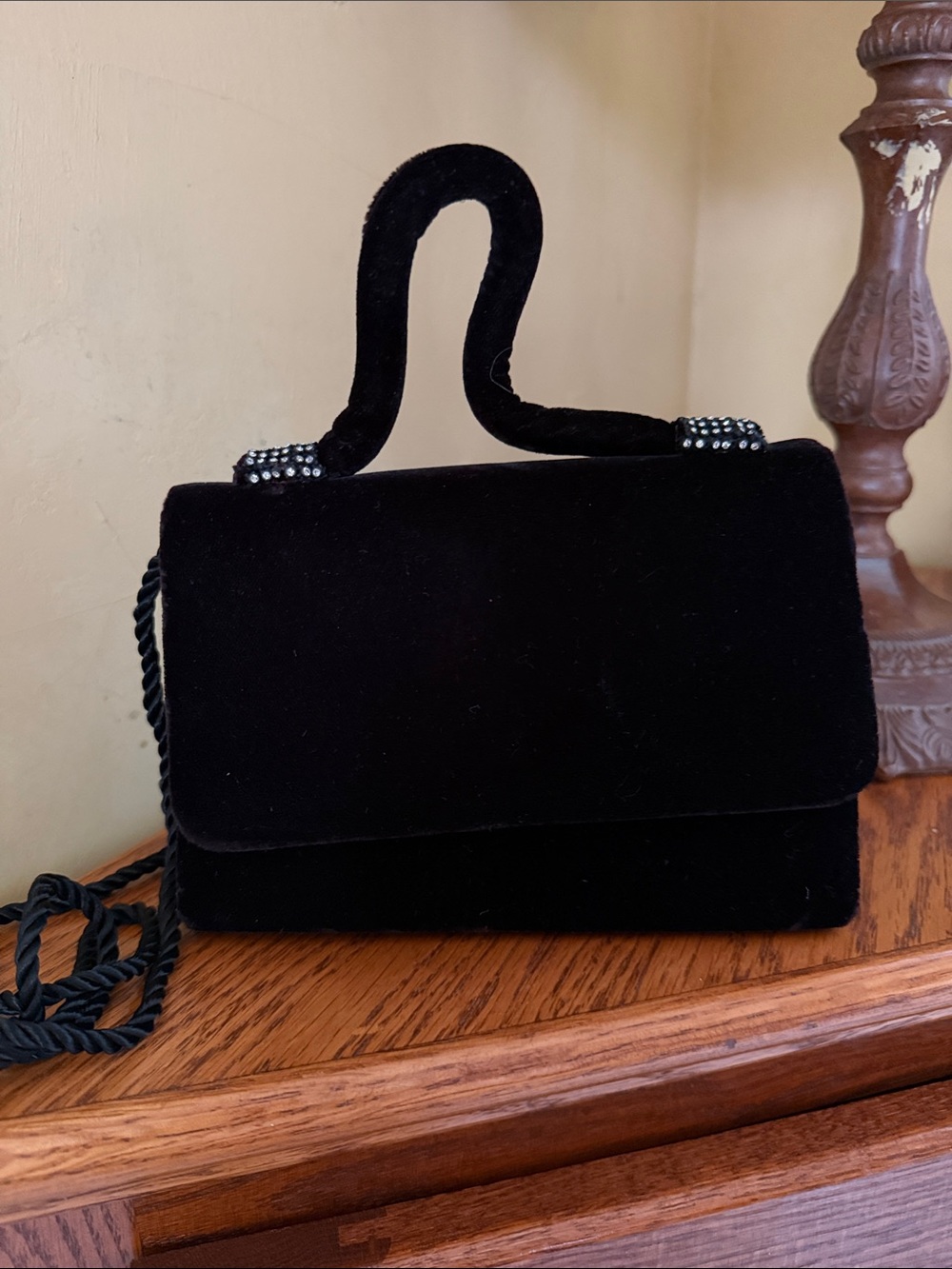 Black Velvet Top-Handle Shoulder Bag